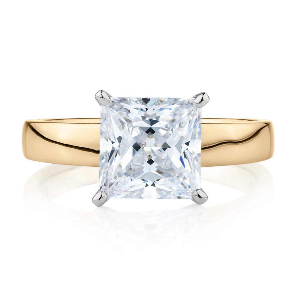 Princess Cut solitaire engagement ring with 3.01 carat* diamond simulant in 14 carat yellow and white gold
