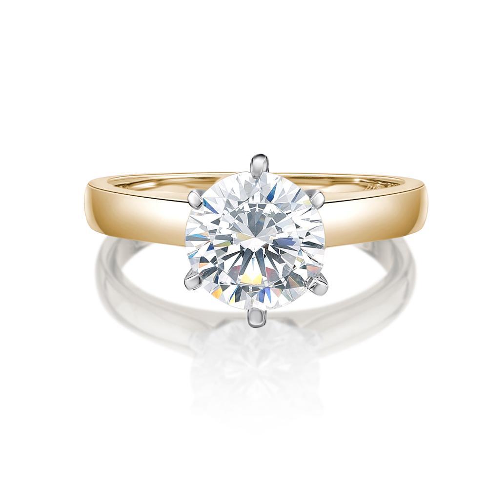 Round Brilliant solitaire engagement ring with 2 carat* diamond simulant in 14 carat yellow and white gold