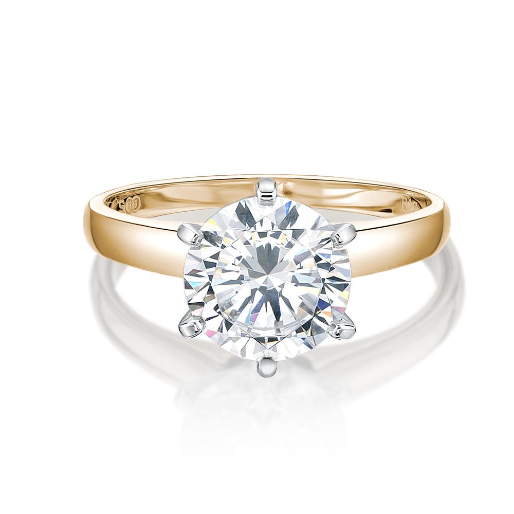 Round Brilliant solitaire engagement ring with 3 carat* diamond simulant in 14 carat yellow and white gold