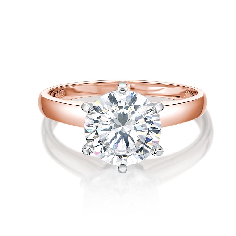 Round Brilliant solitaire engagement ring with 3 carat* diamond simulant in 14 carat rose and white gold