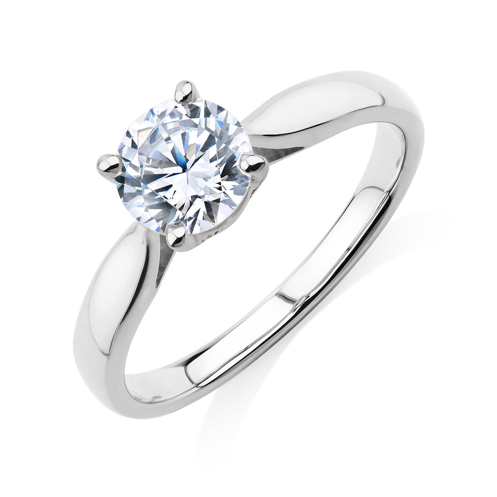 Round Brilliant solitaire engagement ring with 1 carat* diamond simulant in 14 carat white gold