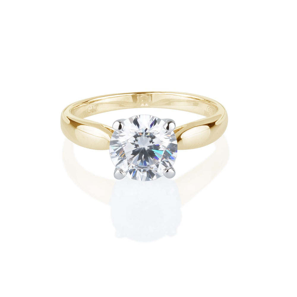 Round Brilliant solitaire engagement ring with 2 carat* diamond simulant in 14 carat yellow and white gold