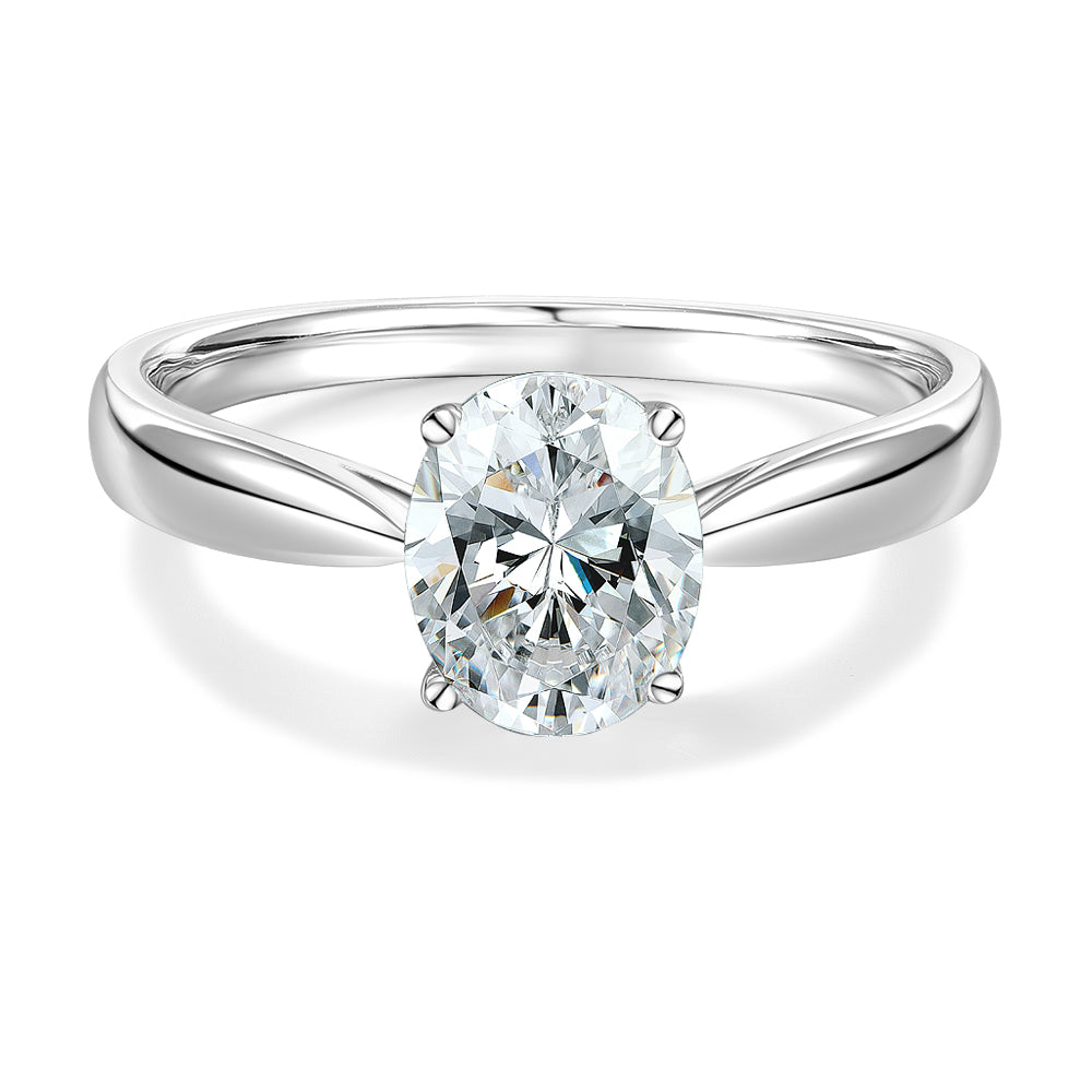 Oval solitaire engagement ring with 1.21 carat* diamond simulant in 14 carat white gold