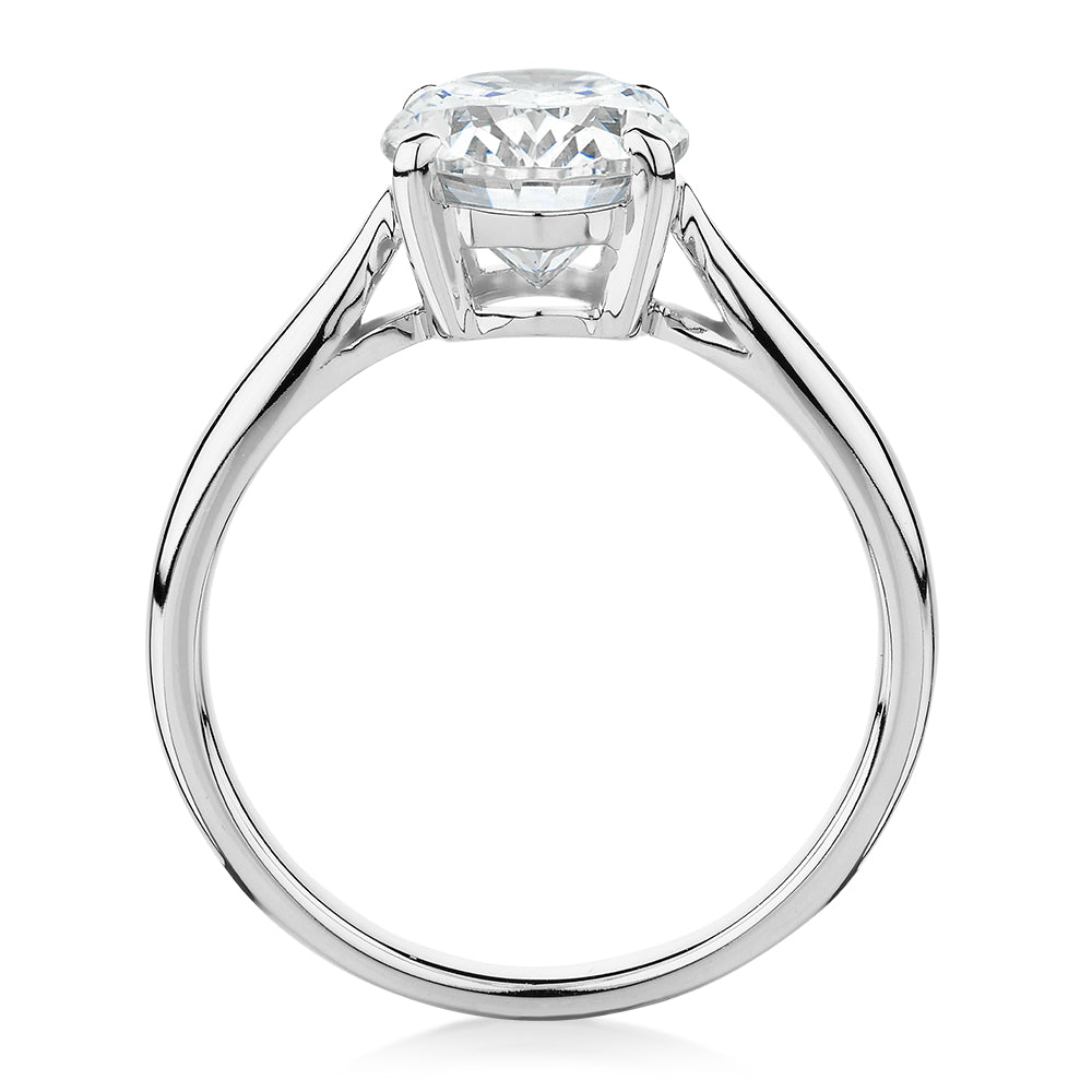 Oval solitaire engagement ring with 2.54 carat* diamond simulant in 14 carat white gold