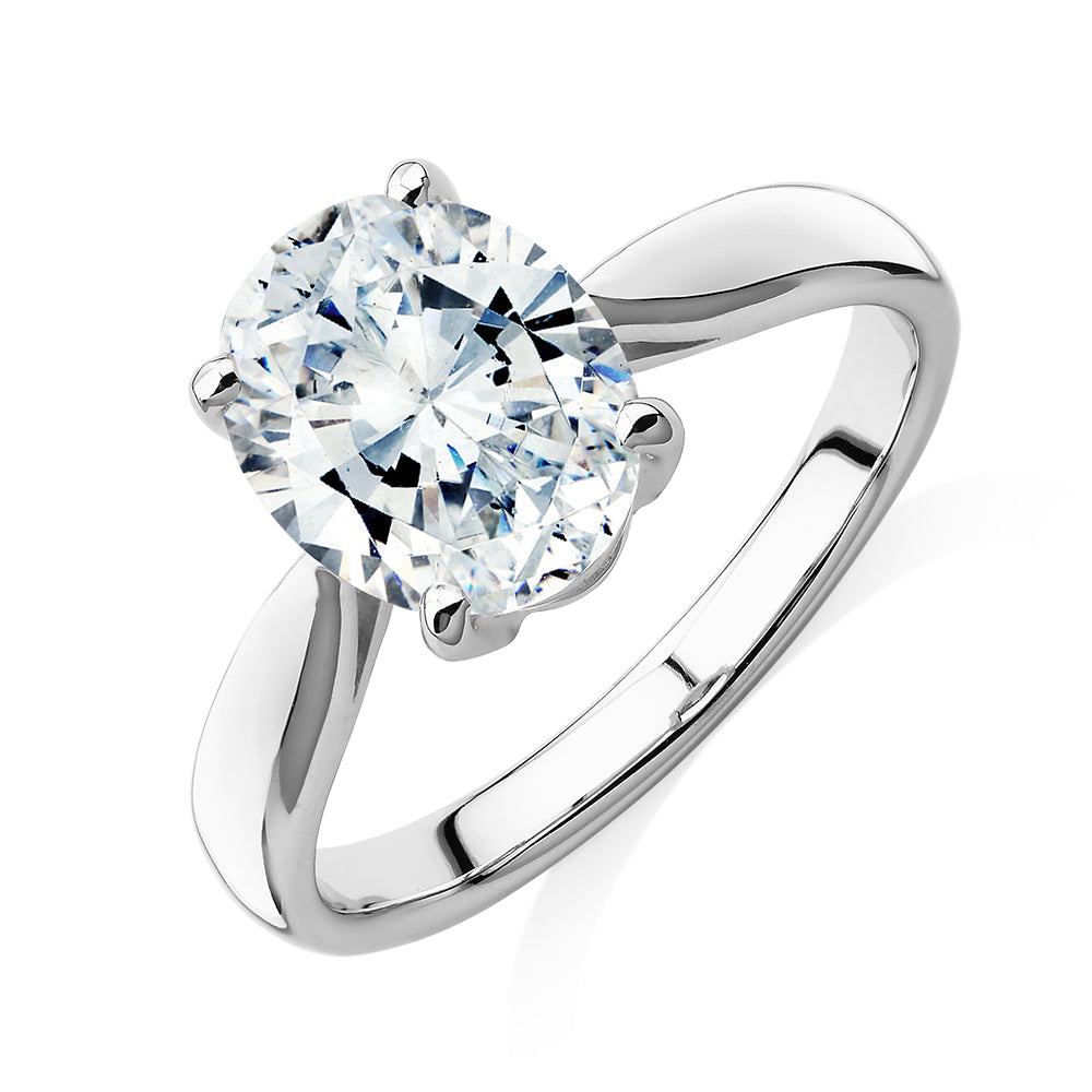 Oval solitaire engagement ring with 2.54 carat* diamond simulant in 14 carat white gold