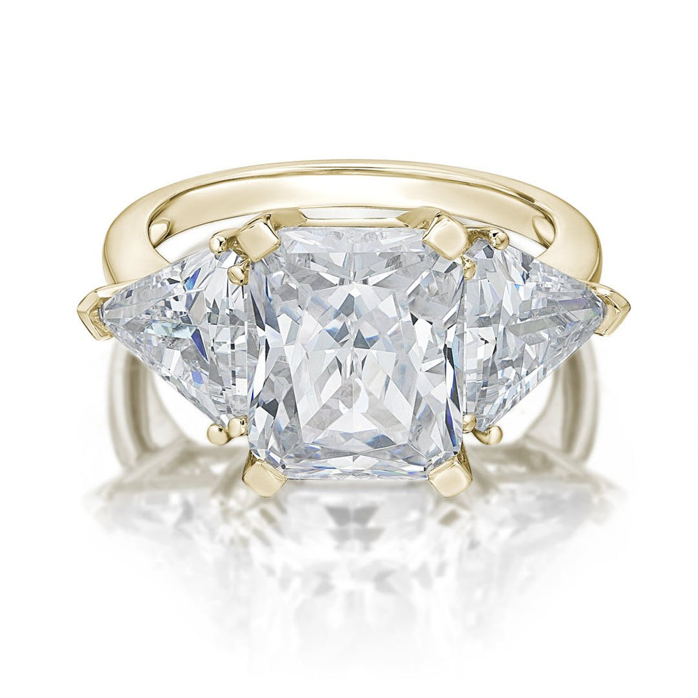Aurora Three stone ring with 10.85 carats* of diamond simulants in 10 carat yellow gold