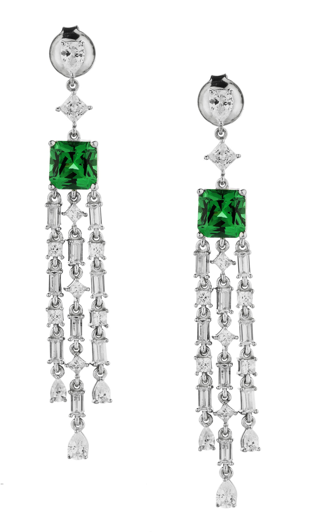 Princess Cut, Pear and Baguette drop earrings with emerald simulants and 5.44 carats* of diamond simulants in sterling silver