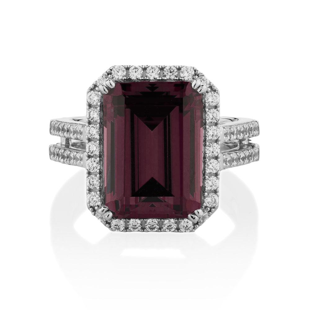 Dress ring with pink tourmaline simulant and 0.78 carats* of diamond simulants in sterling silver