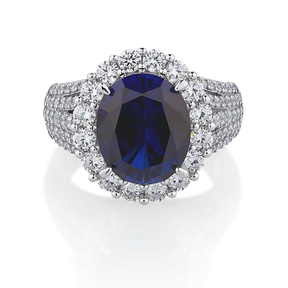 Dress ring with sapphire simulant and 1.83 carats* of diamond simulants in sterling silver