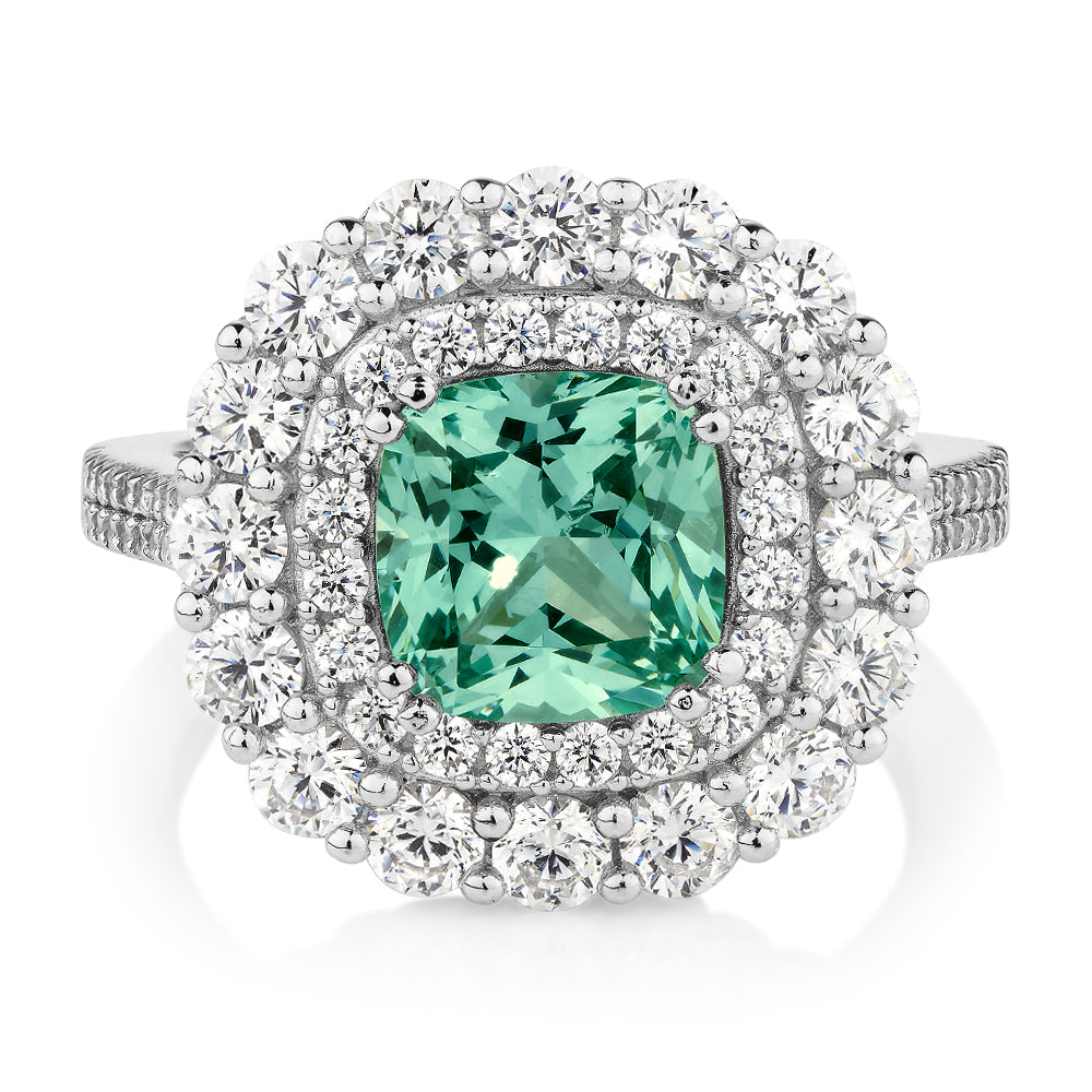 Dress ring with ocean green simulant and 1.76 carats* of diamond simulants in sterling silver