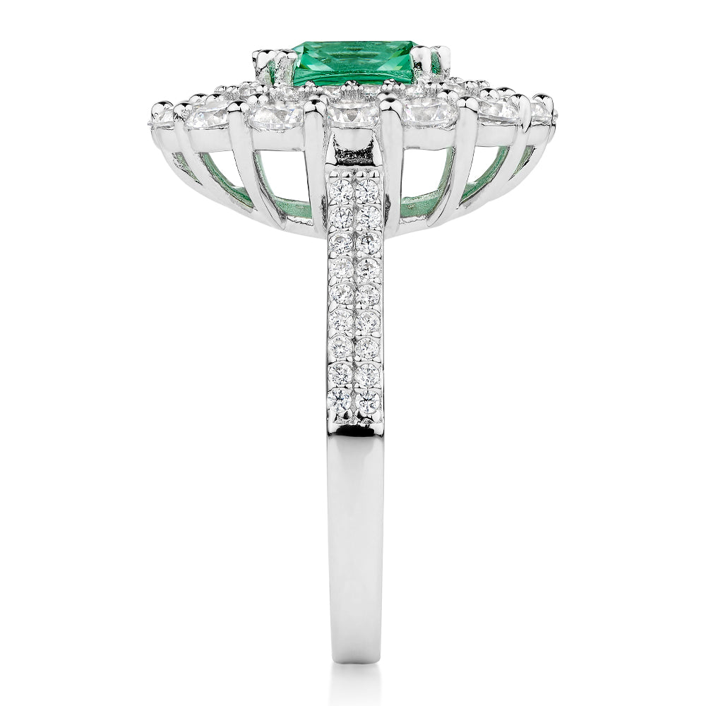 Dress ring with ocean green simulant and 1.76 carats* of diamond simulants in sterling silver
