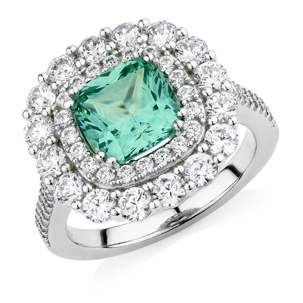 Dress ring with ocean green simulant and 1.76 carats* of diamond simulants in sterling silver